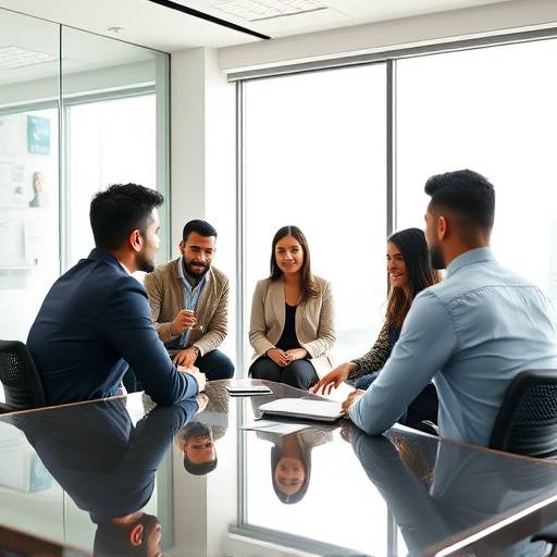 Equipe da Academia de Entrevistadores Brasileiros reunida em uma sala de conferências, discutindo estratégias de treinamento.