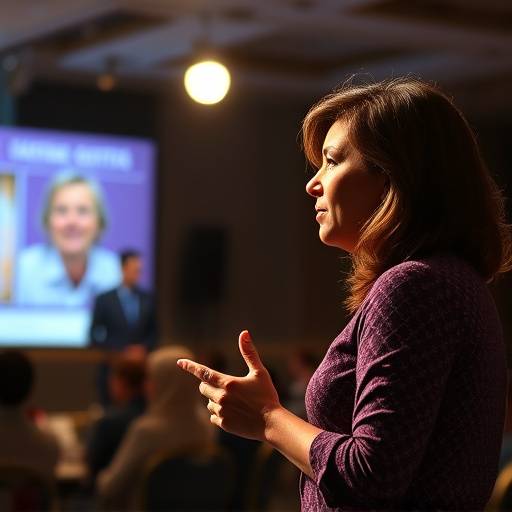 Foto de Fernanda Costa, instrutora da Academia de Entrevistadores Brasileiros, apresentando um seminário.