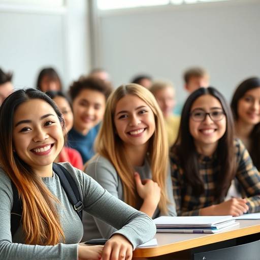 Grupo de estudantes sorrindo em sala de aula, demonstrando satisfaäão com o curso.