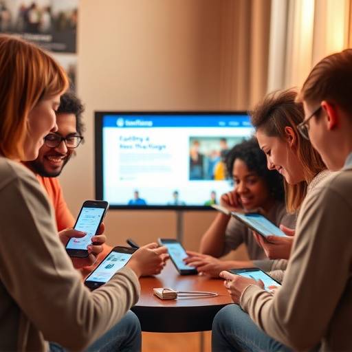 Representaäão de um grupo diversificado de pessoas, incluindo pessoas com deficiência, acessando um site em diferentes dispositivos, simbolizando a inclusão digital.
